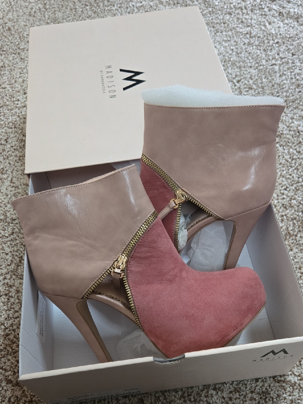 Madison Park Two-Tone Pink Suede & Leather High Heel Ankle Booties